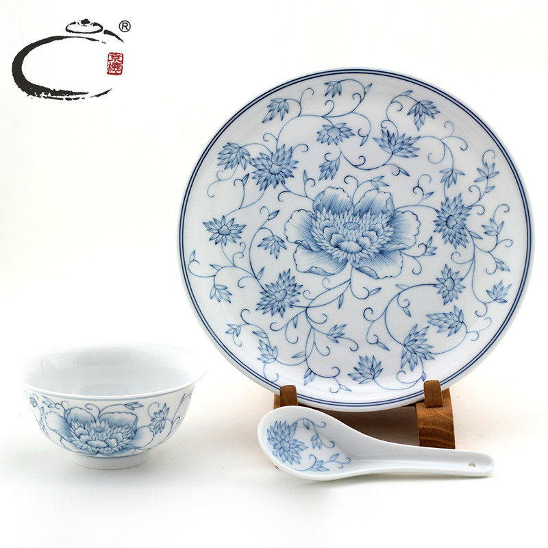 And auspicious treasure flower of blue And white porcelain tableware jingdezhen tableware bowl dish gift box packaging group