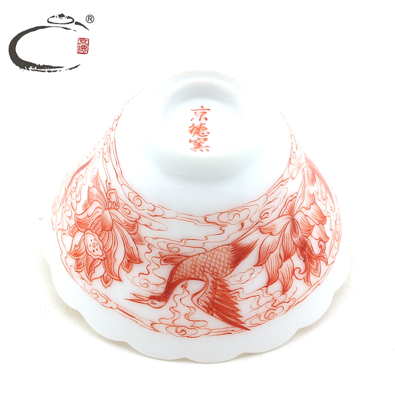 Red tureen tea cups and auspicious alum jingdezhen hand - made ceramic tea set sample tea cup manually pull embryo all three to the bowl