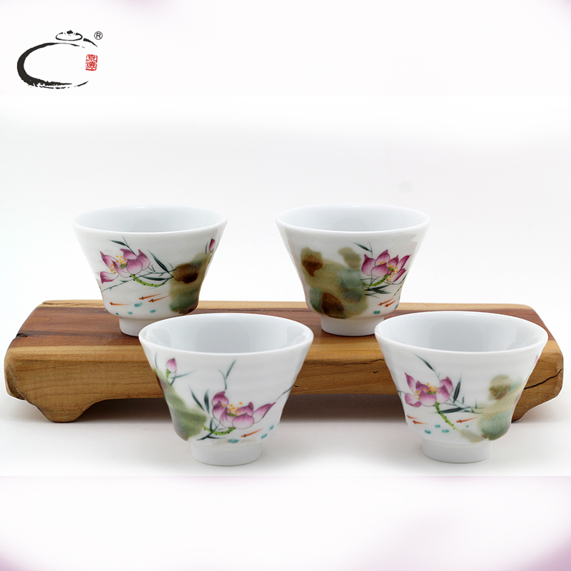 Jing DE guests cheung up four cups of jingdezhen hand - made ceramic powder charge kung fu tea bowl glass sample tea cup