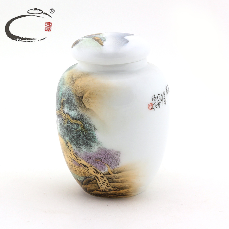 Old and auspicious porcelain craft works of li yong pastel landscape gao caddy fixings ceramic seal pot