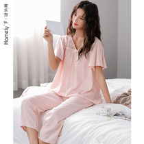 Pajamas ladies summer cotton gauze short sleeve Capri pants home clothes summer thin cotton middle-aged mother set