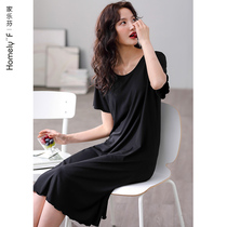 With chest pad bra Nightgown pajamas modal cotton summer summer short sleeve thin model can be worn outside knee long