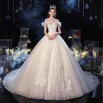 One-word shoulder main wedding dress 2021 New temperament bride French small starry sky big tail light winter