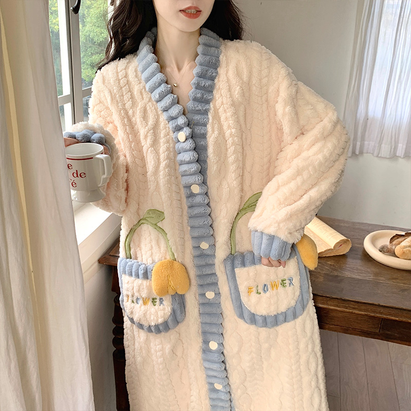 Sleeping Skirt Woman Autumn Winter Coral Suede 2023 New Thickened Warm Sleeping Robe In a Long Sweet Home Clothing Outwear-Taobao