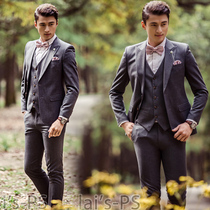 Studio photo clothing Mens Korean slim suit dress performance stage host vest dark gray three-piece set