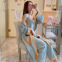 Spring and autumn pajamas female sense three-piece suit cotton suspender long-sleeved sweet and cute Japanese nightgown home service summer