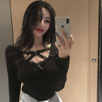 T-shirt women 2021 autumn new fashion careful machine lace cross Sexy Slim Base shirt slim top tide