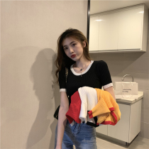Sweet and reduced round collar Coloured short sleeve T-shirt Summer Temperament Chic outwear Wearing Needles Weave Bottom Blouses Female Tide