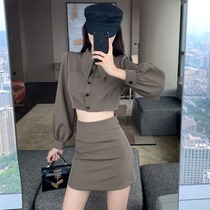 2022 Summer new fashion Flap Long Sleeve Short blouses High waist 100 lap A character wrap Hip Half Body Skirt Suit Woman
