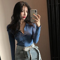 Casual POLO collar base shirt female new solid color long sleeve T-shirt autumn Joker slim slim slim single breasted top