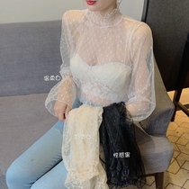 Womens New temperament semi-high collar lace base shirt autumn interior open lace fashion long sleeve mesh top