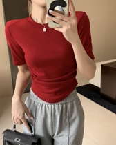 Design sense irregular cushion shoulder pure color T-shirt Summer gentle ethos pleated to fix bottom-shirt female tide