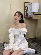 Bubble sleeve shirt dress with dress feminine style Shoulder Skirt Summer High Waist Display Slim a white short dress