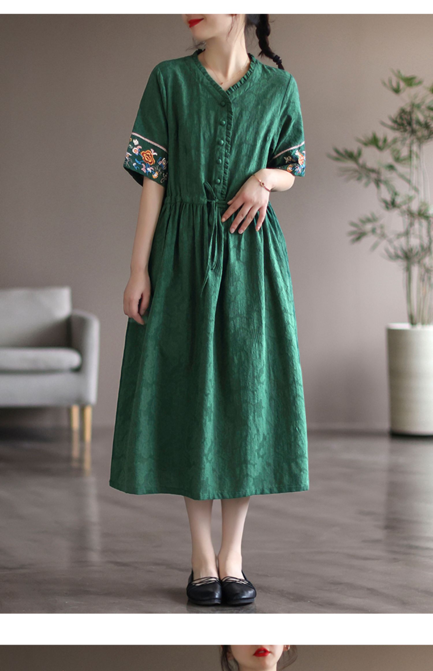民族风亚麻棉刺绣连衣裙夏季长款过膝麻料气质长裙子宽松森系 - 17网