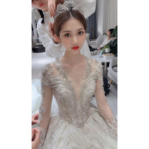 Long sleeve main wedding dress 2021 new V-collar bride advanced sense retro court style big tailing temperament luxury summer
