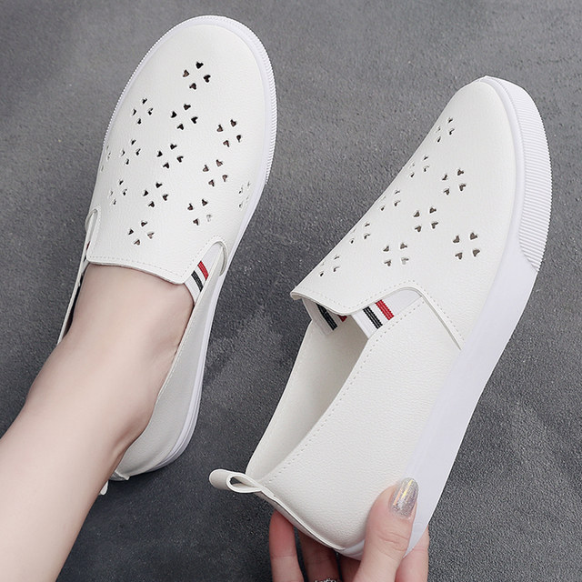 Summer thick-soled white shoes for women leather hollow breathable shoes shoes 2024 new Korean style casual slip-on sneakers