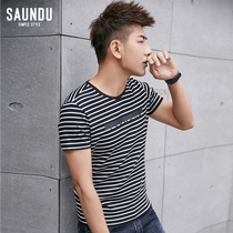 Black and white striped T-shirt mens short sleeve trend summer clothes new boys on the Korean version of half sleeve sea soul shirt