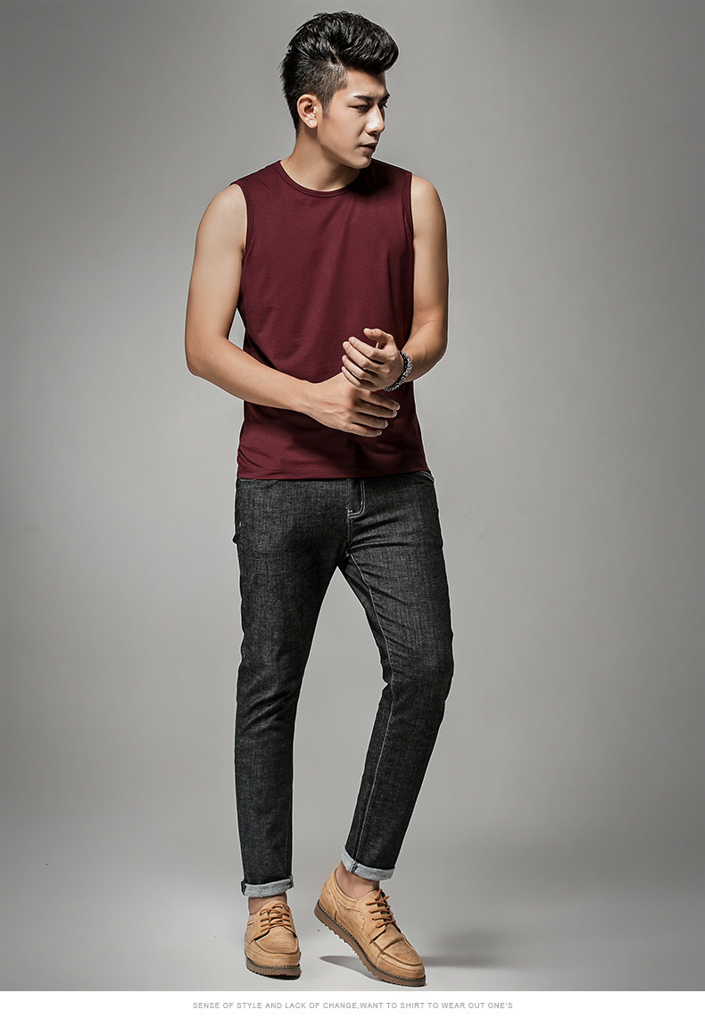 莫代尔背心男士夏季纯色汗衫修身型运动健身坎肩砍袖宽肩无袖t恤