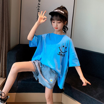 (Clearance special) girls short sleeve T-shirt summer middle school childrens foreign atmosphere loose half sleeve childrens tide shirt Cotton