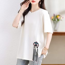 September Momo large -size retro plate buckle short -sleeved T -shirt women's new national style loose top shirt summer new tide