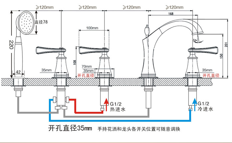 浴缸龙头五件套淋浴花洒套装五孔缸边式分体欧式金色全铜加长_7折现价
