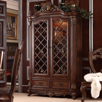Eurostyle Solid Wood Double Door Wine Cabinet Lavish American Countryside Retro Living Room Side Cabinet Glass Cabinet Decorative Cabinet Ornament Cabinet