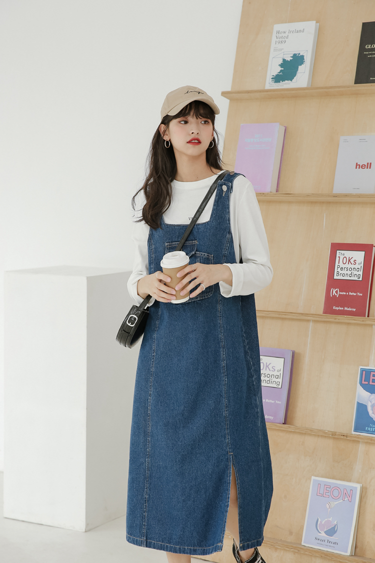 深蓝色开叉牛仔裙背带裙女学生韩版宽松夏季显瘦中长款吊带连衣裙