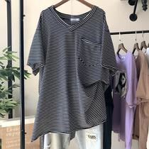 300 catty oversize summer new large open fork V collar loose display slim 240 short sleeve T-shirt 200 catty undershirt woman