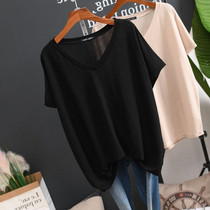 Thin V - collar ice wire sunscreen tide summer dress 2 - 300 kg large - yard fat - sleeved T - shirt