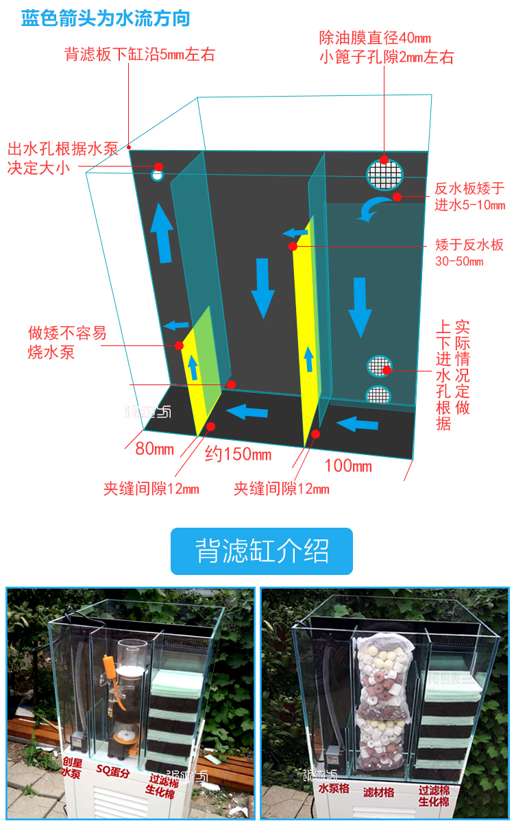 海缸背滤鱼缸/黑镜溢流板/金晶超白背滤/水族箱/金鱼热带鱼海鱼