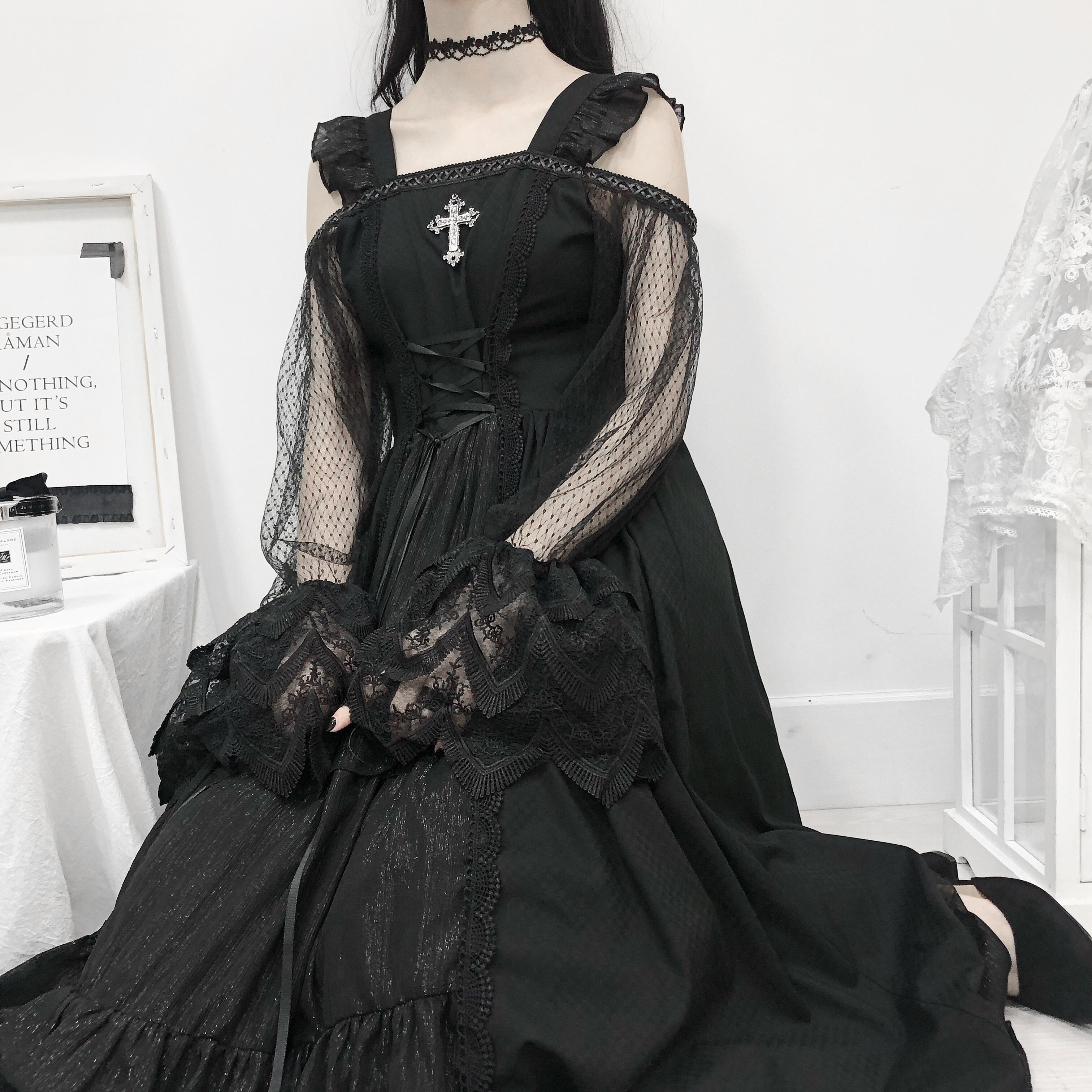 星芙颂原创 纯黑罪之城露肩纱袖开襟款op连衣裙 哥特lolita洋装