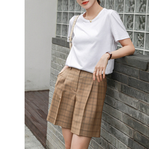 Light vintage Bermuda shorts Japanese fabric color check high waist pleated wide legs west short 3 season can be worn