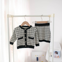 Autumn and winter new small girls plaid set children's sweater skirt two-piece female treasure sweater cardigan