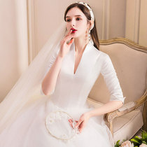 Hao Bengfeng bride high-end suit style main wedding dress 2021 new simple atmosphere thin European style tailed satin skirt