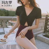 South Koreas new black Triangle one-piece swimsuit Slim Bikini Small Breasts Gather Bubble Spa Short Sleeve Womens Dress