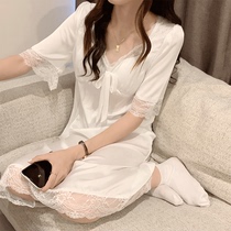 Sleeping Skirt Woman Summer Thin Short Sleeves Ice Silk White Lace Sexy Sweet Beauty 2022 New Princess Pyjamas Home Clothes