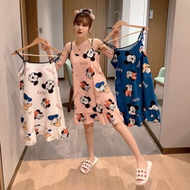 Pajamas womens summer with chest pad sling night dress female Korean version of cute cartoon students sexy loose can wear home clothes outside