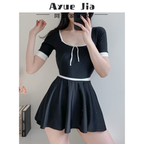 Swimsuit women 2021 new fashion belly thin one-piece dress fairy fan short sleeve conservative student swimsuit