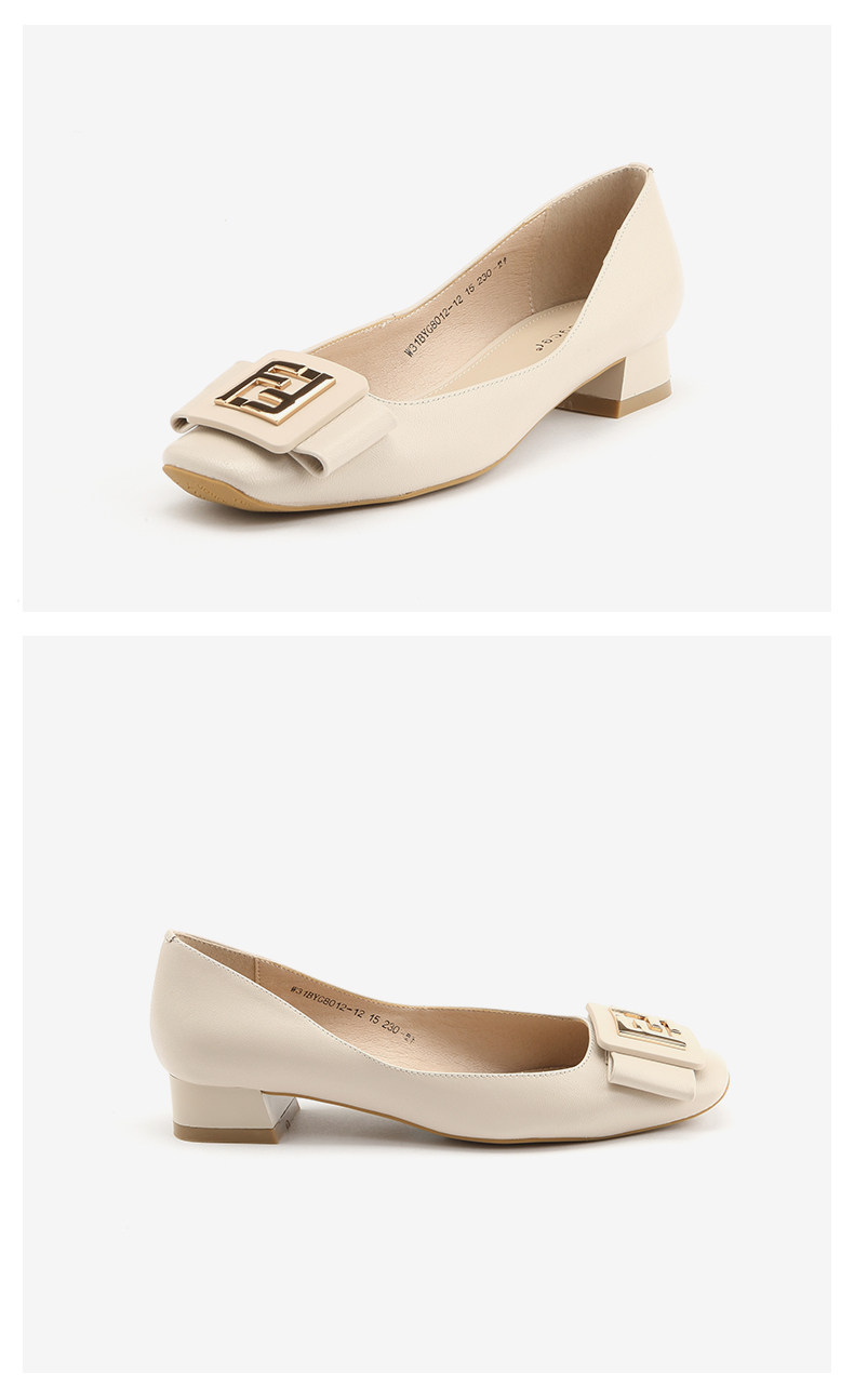 月芽儿羊皮粗跟单鞋女2020春季新款浅口蝴蝶结一脚蹬工作鞋女鞋子w31