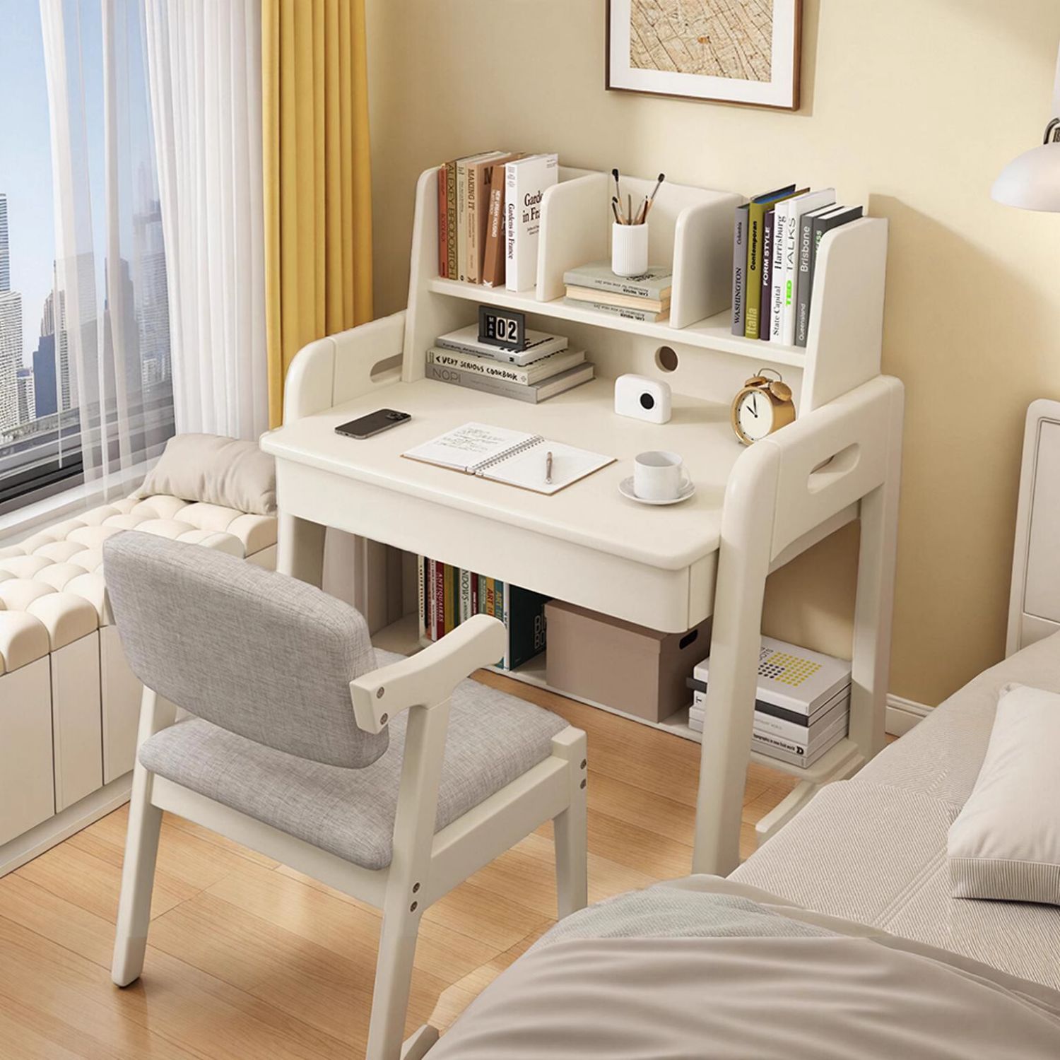 简约实木小书桌家用中小学生写字桌带书架一体卧室儿童课桌椅组合