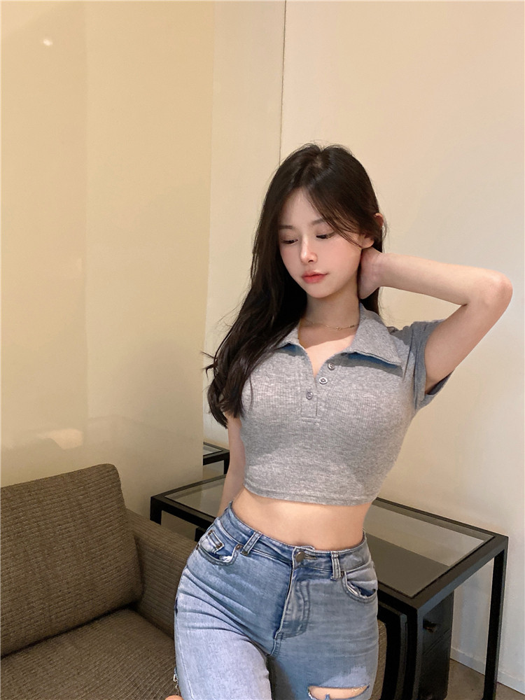 实拍 欧美性感紧身翻领短袖t恤女上衣显身材灰色修身polo衫