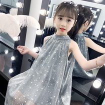 Girls dress with dress for summer dress New foreign air fluffy dress No sleeves Fashion starred screen Princess Childrens dress