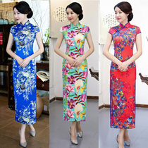 Long cheongsam 2021 new improved slim slim dress Chinese style retro printing catwalk performance cheongsam