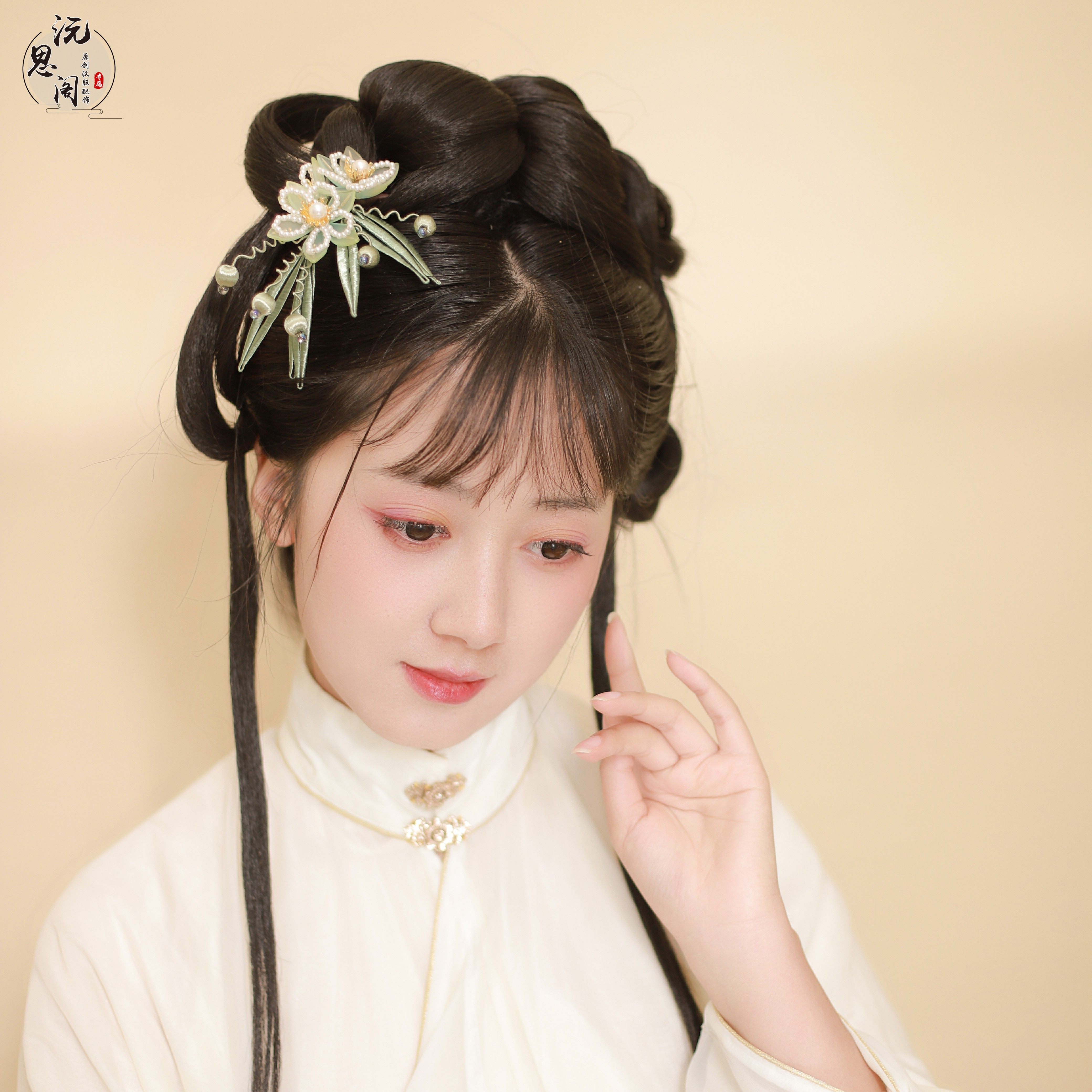 沅思阁汉服头饰手工缠花玉簪花珠花竹叶发簪百搭明制缠花发钗