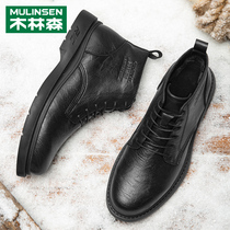 Wood Linson Martin Boots Man Winter Gush Inellenty Wind High Help Shoes Machine Car Tide Shoes Middle Bunch of short boots black leather boots