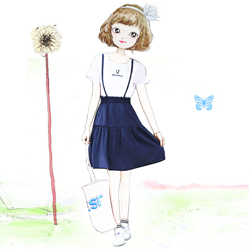 少女连衣裙夏2017新款女初中生韩版圆领小清