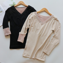 Thermal underwear women padded velvet tight body winter goddess lace fever autumn clothes meat color base shirt top