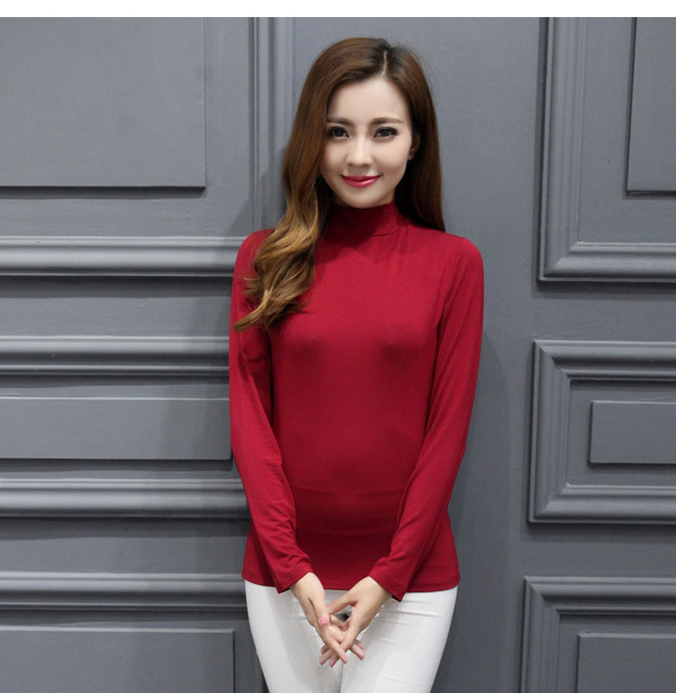 秋冬女装半高领打底衫长袖女莫代尔t恤 修身显瘦上衣纯色大码秋衣