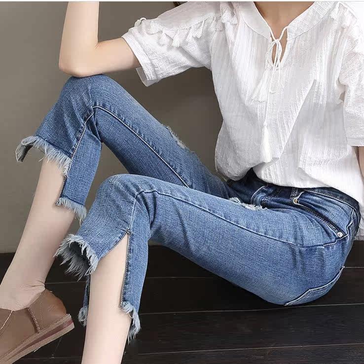 牛仔七分裤女士春夏弹力不规则微喇裤中腰显瘦毛边七分喇叭裤潮女