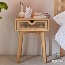 Korea ins bedside solid wood rattan small storage cabinet simple modern coffee table side cabinet retro Nordic homestay
